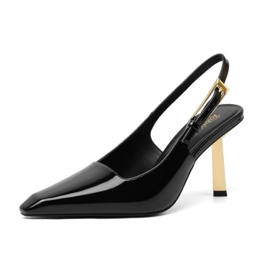 Ribongz Womens Black Patent Pointed Toe Slingback Gold Stiletto Heels Size 8 NIB